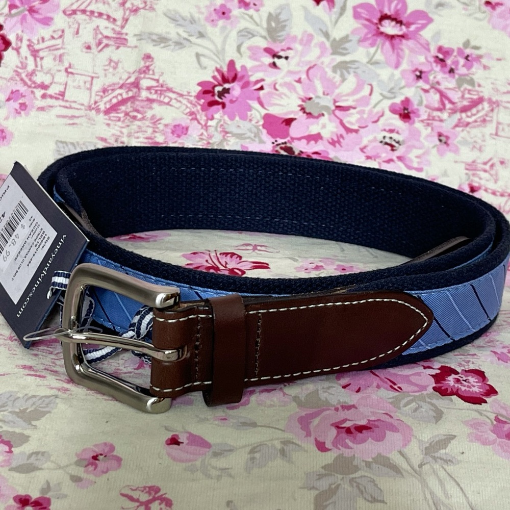 New Vineyard Vines Stripe Canvas Club Men’s Belt Ocean - 42”